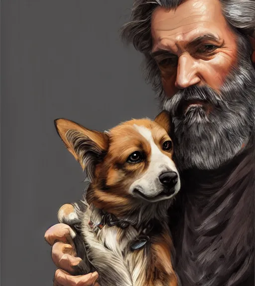 Image similar to full portrait of a old, ruggedly handsome bearded man holding corgi dog, real hands, soft hair, muscular, half body, cloth, d & d, fantasy, intricate, elegant, highly detailed, digital painting, artstation, concept art, smooth, sharp focus, illustration, art by artgerm and greg rutkowski and alphonse mucha