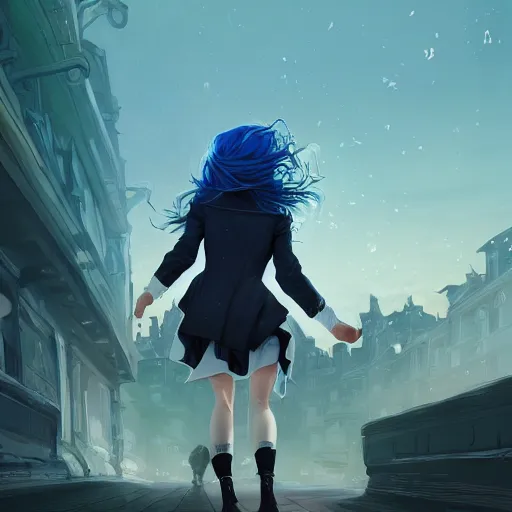 Image similar to low - angle shot from behind of a long blue - haired girl in a tailcoat overlooking demacia, combat boots, noir, screenshot, sharp focus, intricate, illustration, cell shaded, digital painting, highly detailed, straight hair, art by ilya kuvshinov, wlop, greg rutkowski, studio quality, james jean