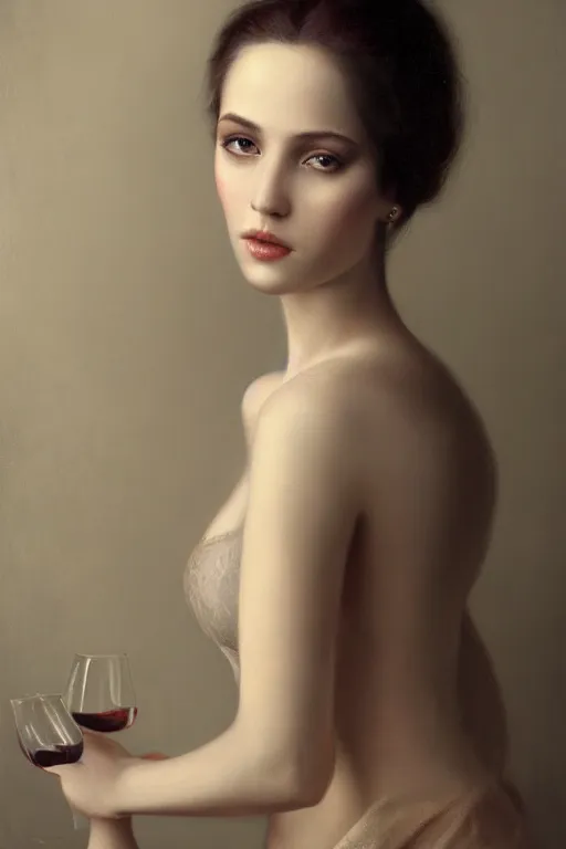 Prompt: a stunning ultra realistic fine art painting of a beautiful female wine expert, peaceful and graceful, by tom bagshaw, studio portrait, muted colors, melancholic, catchlight in the eyes, 4K