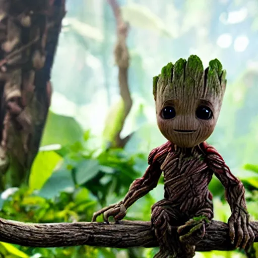 Prompt: baby groot eating banana on island in jungle