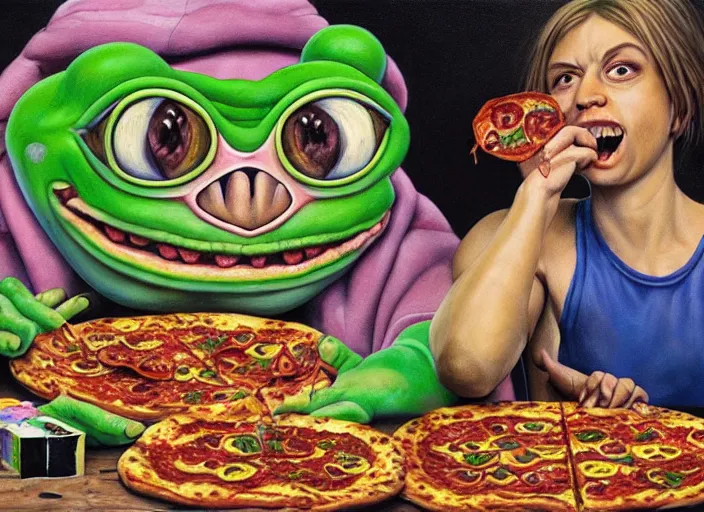 Prompt: hyper realistic detailed painting of a heavy tattooed pepe the frog family in punk clothes in mid 70s italian restaurant eating pepperoni bug pizza with roasted rainbow tungsten cube and sipping on a hopium with a dash of doom juice by Andrei Tarkovsky, Adrian Ghenie, Storm Thorgerson, and Beeple, semi naive, pastel colors, Hilma af Klint color palette, cinematic, very coherent symmetrical artwork, cinematic, hyper realism, high detail, 8k, last supper composition. Beksinski painting, part by Adrian Ghenie and Greg Hildebrandt. art by Tony Matelli. masterpiece