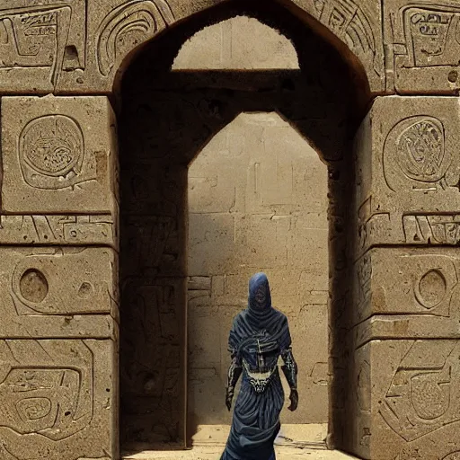 Prompt: surrealism grunge of an arab warrior infront of a dimentional gate . intricate artwork. Eerie ancient alien symbols carved into the walls, zdzisław Beksiński, wlop, dan mumford , trending on artstation, greg rutkowski very coherent symmetrical artwork. cinematic composition, hyper realism, high detail, octane render, 8k