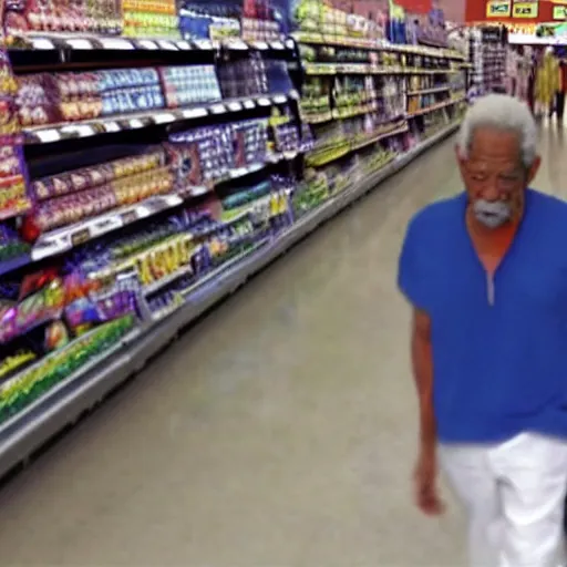 Image similar to a surveillance footage of Morgan Freeman at Walmart