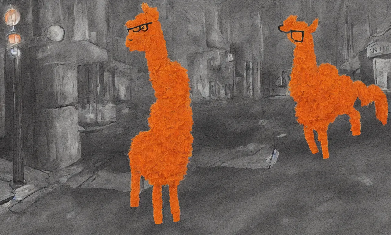 Image similar to a digital painting of an orange llama wearing a 1 9 4 0's noire detective outfit, standing in the streets of chicago at night investigating a crime scene where a body outline is drawn in chalk on the sidewalk, digital art