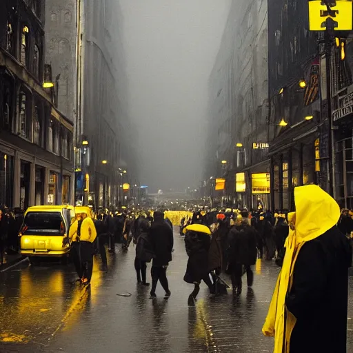 Image similar to A man in a yellow raincoat in a black city surrounded by people wearing brown rain coats. Dreary, dreamlike.