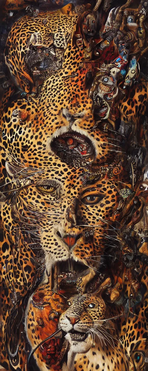 Image similar to an intricated and detailed painting of a shaman turning into a jaguar by salvador dali 4 k render