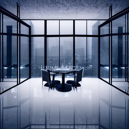 Image similar to modern high end designer restaurant at night in the foggy rain, lovers dining, symmetrical art deco office building with accent lighting, moody, epic composition, professional photograph, highly detailed, warm lighting interior, matte painting, large windows, dramatic lighting, unreal engine