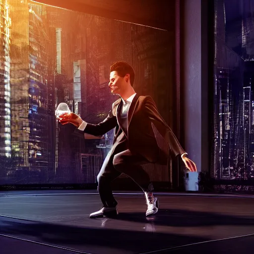 Image similar to Ultra realistic full shot of a male model boisterously dancing around the room by himself holding an empty wine bottle as he jumps in the air, cyberpunk, sci-fi, fantasy, Kodak colour led, soft light, volumetric lighting ,night, intricate, elegant, highly detailed, digital painting, artstation, concept art, smooth, sharp focus, illustration, art by artgerm and greg rutkowski and alphonse mucha