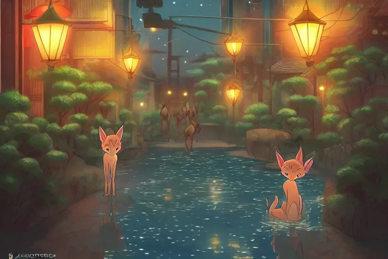 Image similar to fantasy art of glowing cute caracal swimming in the air, in the streets of a japanese town at night, with people watching in wonder, in the style of ponyo, highly detailed digital art, trending on artstation