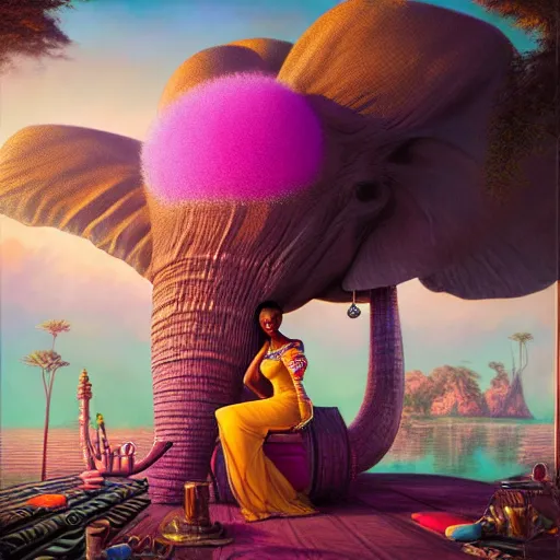 Prompt: a regal and elegant african queen with a colorful afro sitting in a cabana on top of an extremely large steampunk elephant near a pink lake with a large glowing baobab tree, by greg rutkowski and android jones in a cyberpunk style, oil on canvas 8k, hd