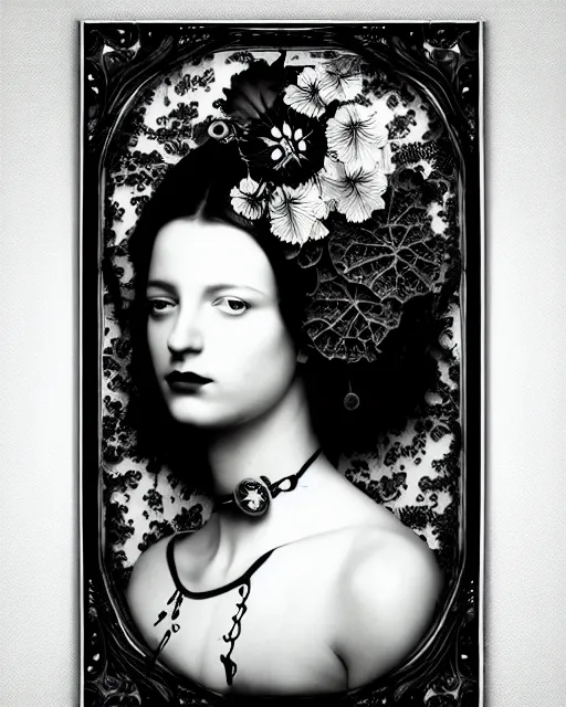 Image similar to black and white masterpiece profile portrait painting, dutch masters, silver lace floral steampunk biomechanical beautiful one techno eye young female cyborg, big monocular, volumetric light, leaves foliage and stems, hibiscus flowers, by dora maar, rim light, big gothic fashion pearl embroidered collar, 8 k