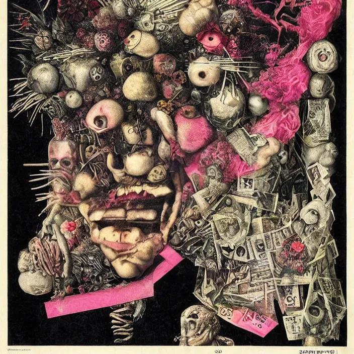 Image similar to post - punk new age album cover, asymmetrical design, dollar bank notes, capitalism, magic, apocalypse, psychedelic, black white pink, highly detailed, magic, giger h. r., giuseppe arcimboldo