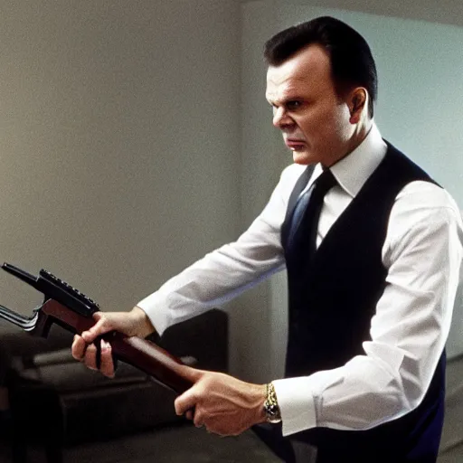 Image similar to Viktor Yanukovych holding a shotgun as the American Psycho, cinematic still