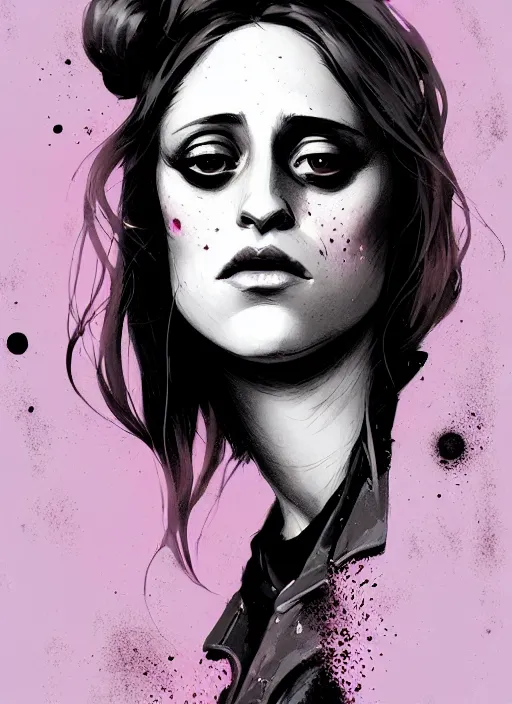 Image similar to highly detailed closeup portrait of beautiful carly chaikin as darlene alderson, moody punk style, by atey ghailan, by greg rutkowski, by greg tocchini, by james gilleard, by joe fenton, by kaethe butcher, gradient purple, black and white color scheme, grunge aesthetic!!! ( ( graffiti tag wall background ) )