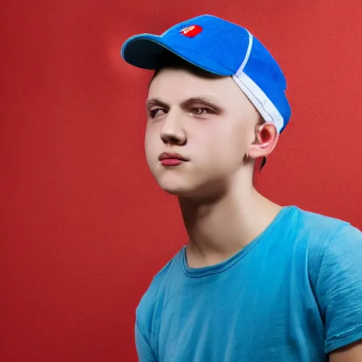 Prompt: a portrait of an american teenage boy with blue colored hair, wearing a red backwards cap, white t - shirt with a red no symbol on it, blue long pants and red shoes, holding a microphone, studio lighting, photoshoot, grey backdrop