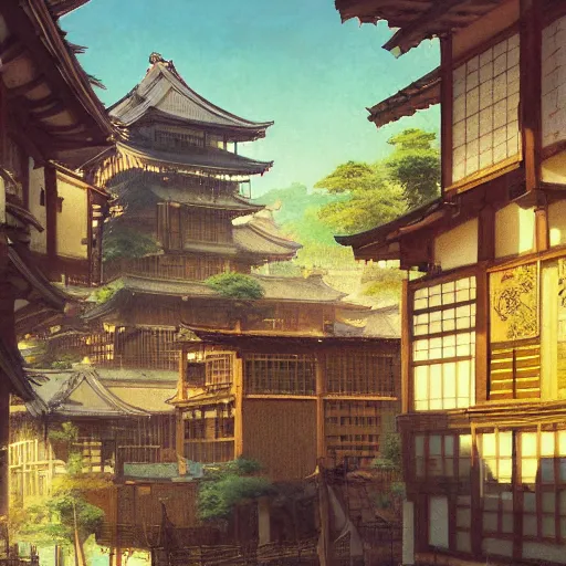 Image similar to A japanese solarpunk village on a sunny day, art by Albert Bierstadt and greg rutkowski, highly detailed, digital painting, matte painting, concept art, illustration, warm lighting, trending on artstation, very detailed