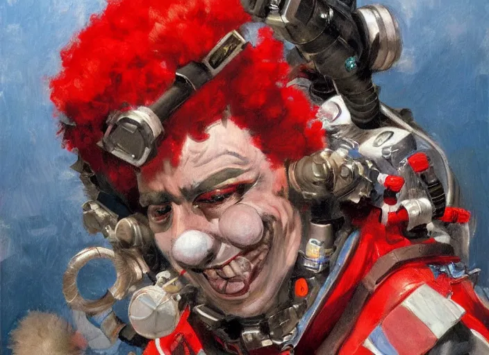 Image similar to a highly detailed beautiful portrait of a clown in full red tactical gear on a space station, by gregory manchess, james gurney, james jean