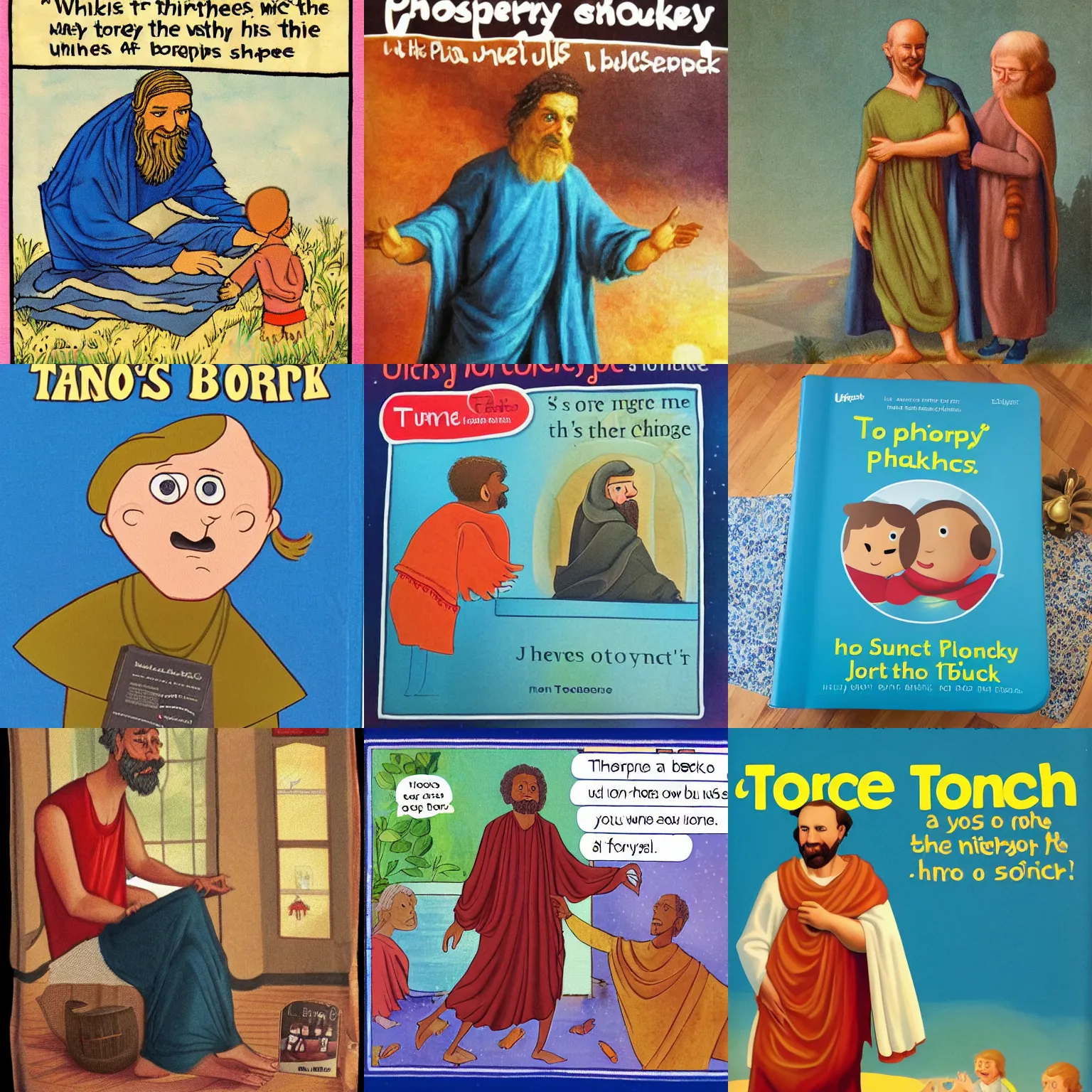 Prompt: Usborne touchy-feely books. That's not my philosopher children's book cover. On the cover is a stoic philosopher wearing a sack cloth with no emotion and unmoved by joy, pleasure or pain. His sack cloth is too rough