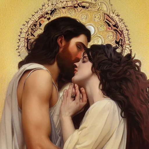 Image similar to jesus kissing a maria maddalena, intricate, elegant, highly detailed, digital painting, artstation, concept art, matte, sharp focus, illustration, art by artgerm and greg rutkowski and alphonse mucha