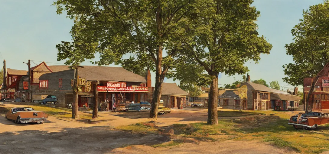 Image similar to concept art of a small rural town in middle America in the 1960s, detailed, Americana, golden hour