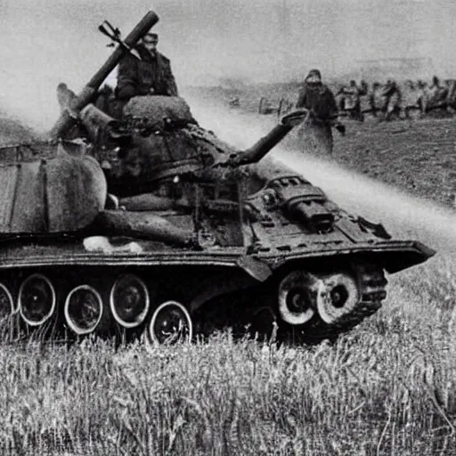 Image similar to a picture of a enormous bear pulling a towed anti - tank canon behind his back like a chariot, eastern front, historical picture
