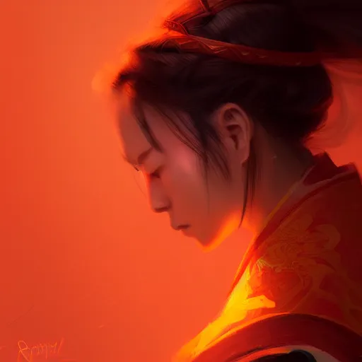 Prompt: portrait of beatiful female samurai in orange light in the style of Raymond Swanland, cinematic, artstation