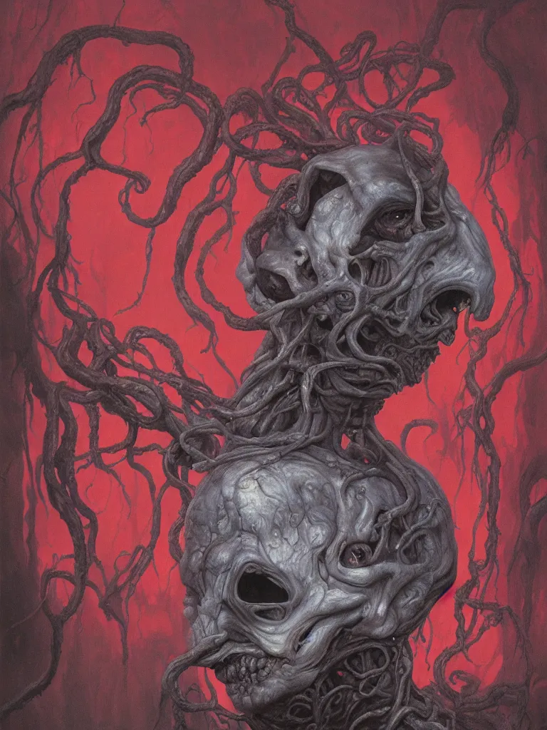 Image similar to wayne barlowe painting of a flying sorrowful looking severed human head with tears running down it's eyes, face that is chalk white in color, with long white tentacles stemming from it's neck, fiery scorching red eyes, background sprawling terrifying hellish cave with lava flowing through it's walls, 4 k