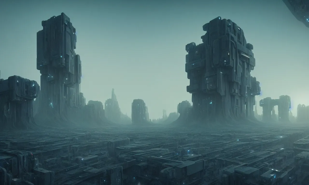 Prompt: brutalist alien civilization, matte painting by Mike Winkelmann, featured in artstation, octane render, cinematic, elegant, intricate, 8k, HDR