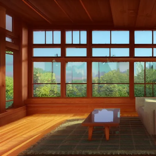 Prompt: Peaceful wooden mansion, unreal engine 5 tech demo, zillow interior, golden hour, living room, cozy, Frank Lloyd Wright ((Studio Ghibli))