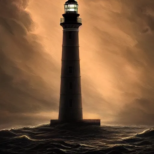 Prompt: beautiful digital painting about a scary light house glowing in the dark of a stormy night, trending on artstation, gloomy, moody, highly detailed