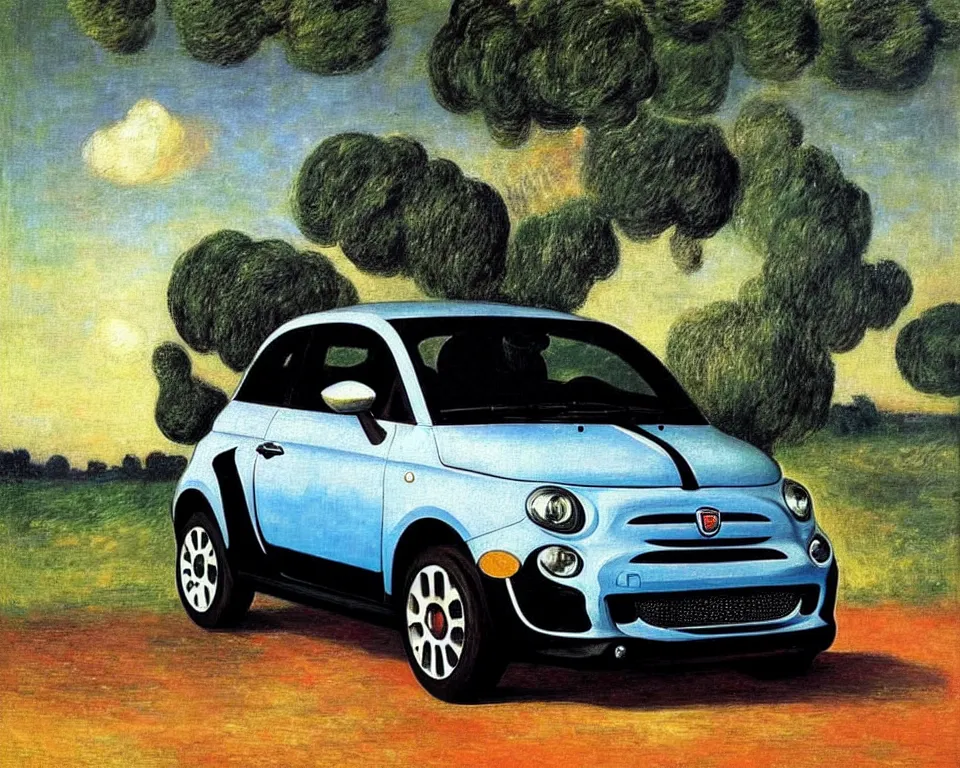 Image similar to achingly beautiful painting of a black 2 0 1 3 fiat 5 0 0 abarth by rene magritte, monet, and turner.