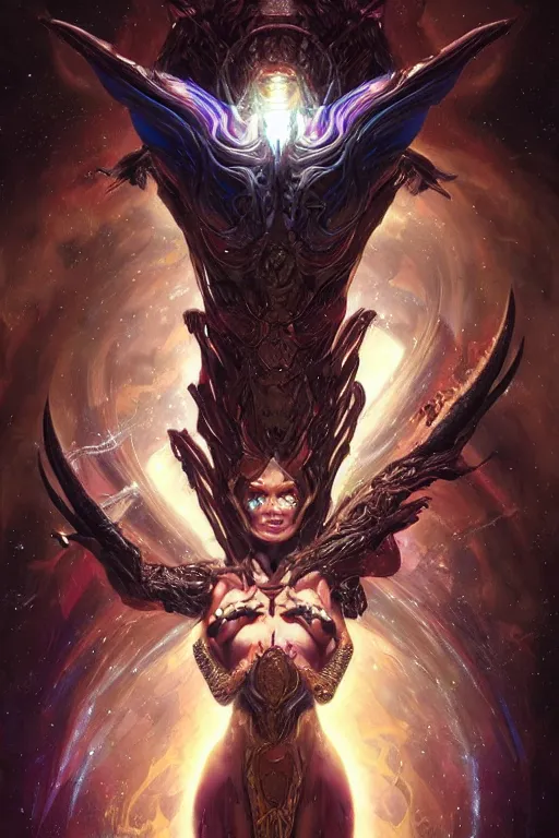 Image similar to portrait of a demonic galactic conqueror with inhuman body, galactic storms, nexus of the universe, godlike, full body, fantasy, intricate, elegant, highly detailed, digital painting, artstation, concept art, sharp focus, illustration, art by artgerm and greg rutkowski and alphonse mucha and ross tran