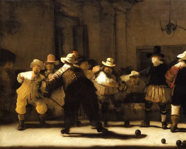 Prompt: playing petanque next to prinsengracht, by rembrandt van rijn, intricate detail, beautiful aesthetic, cinematic still 8 k