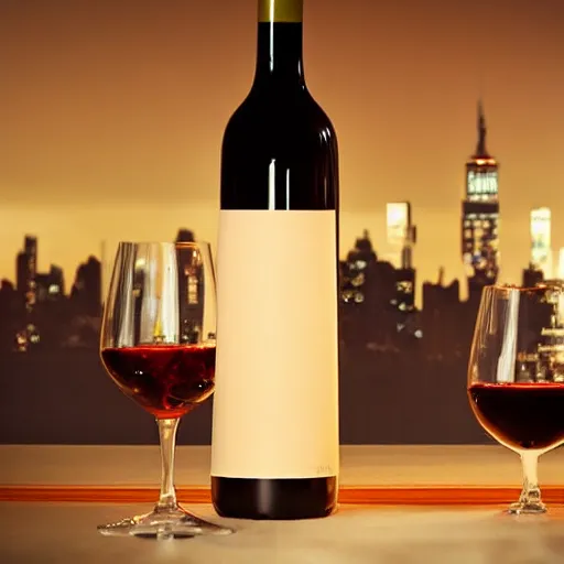 Image similar to artistic sparse simple luxurious glowing candle - lit dinner with wine bottle overlooking the blurred out new york city skyline