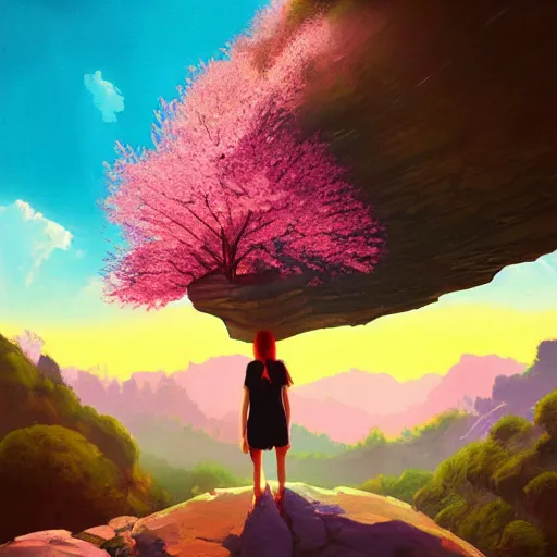 Image similar to giant cherry blossom as a head, girl hiking in a canyon, surreal photography, sunrise, dramatic light, impressionist painting, colorful clouds, digital painting, artstation, simon stalenhag