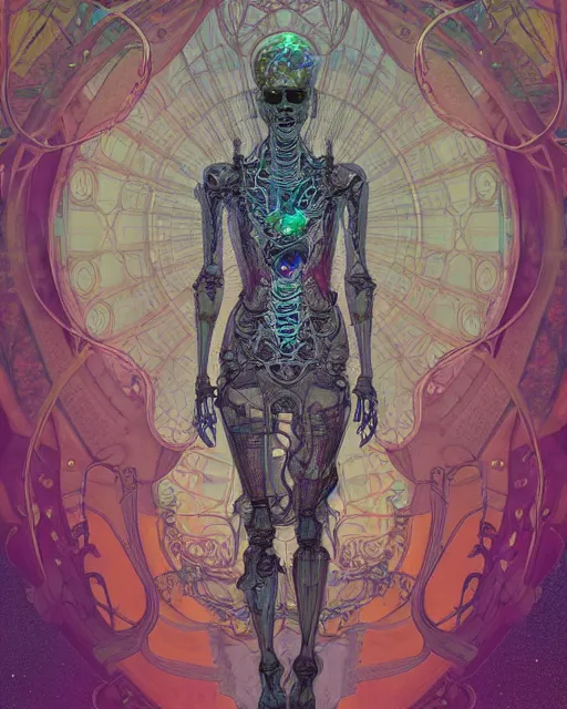 Image similar to glitch art bionic skeleton ghost, glitches, vaporwave, highly detailed, very intricate, art nouveau, filigree, romantic storybook fantasy, soft cinematic lighting, award - winning, disney concept art watercolor illustration by mandy jurgens and alphonse mucha and alena aenami, pastel color palette, featured on artstation