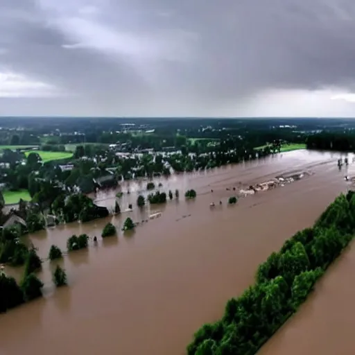 Prompt: drone footage of a small german town being flooded during a thunderstorm