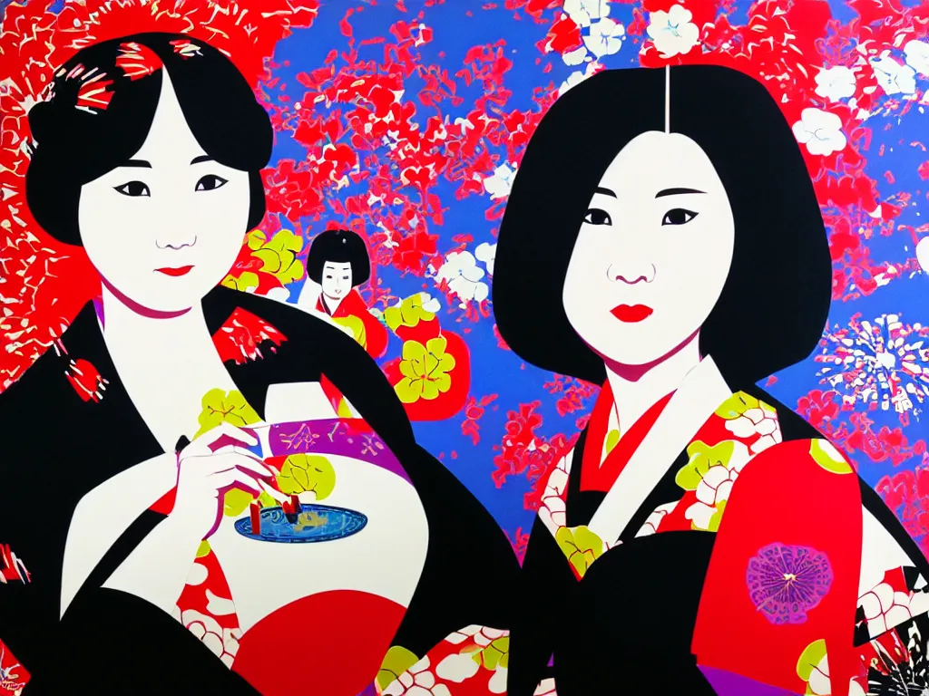 Image similar to hyperrealistic composition of the woman in a japanese kimono sitting at a poker table with darth vader, fireworks, mount fuji on the background, pop - art style, jacky tsai style, andy warhol style, acrylic on canvas