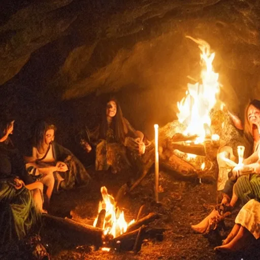 Prompt: a witches coven around a fire in a cave