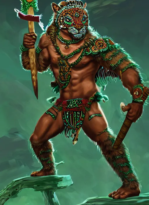 Image similar to a highly detailed illustration of fierce young aztec jaguar warrior boy wearing green jaguar mane, heroic roaring wielding aztec macuahuitl pose, muscular, intricate, elegant, highly detailed, centered, digital painting, artstation, concept art, smooth, sharp focus, league of legends concept art, wlop