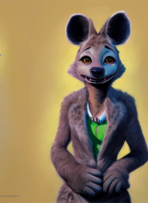 Image similar to oil painting detailed full body of anthromorphic female hyena, in style of zootopia, zootopia, zootopia, fursona, furry, furaffinity, 4 k, deviantart, furry art, fursona art, wearing black business suit, business suit, in style of zootopia, hyena fursona, cyberpunk, female, expressive, detailed feminine face,