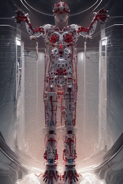 Prompt: space station interior white cross cross inflateble shapes, wires, tubes, veins, jellyfish, white biomechanical details a statue jesus on cross made of red marble hands nailed to a cross perfect symmetrical body full body shot, wearing epic bionic cyborg implants masterpiece, intricate, biopunk, vogue, highly detailed, artstation, concept art, cyberpunk, octane render