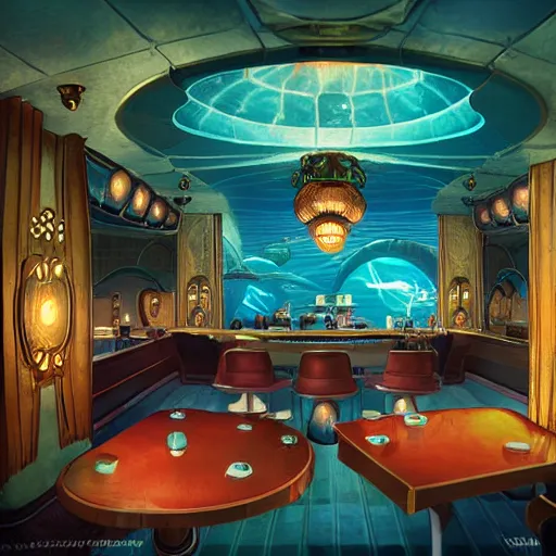 Prompt: beautiful Peter Mohrbach and tyler edlin highly detailed illustration of an underwater art deco lounge. bioshock, rapture, trending on artstation