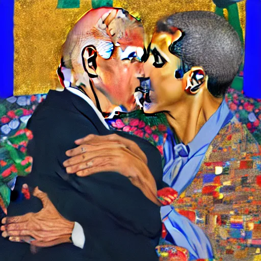 Prompt: Joe Biden kissing Barack Obama in the style of Gustav Klimt