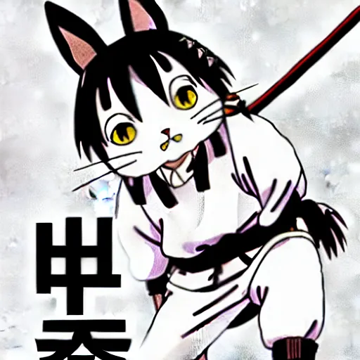 Image similar to anime key visual of hayao miyazaki studio ghibli, short - hair tabby cat wearing samurai armor, kurosawa black and white