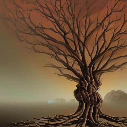 Image similar to a painting of a tree in the desert, an airbrush painting by breyten breytenbach, cgsociety, neo - primitivism, airbrush art, dystopian art, apocalypse landscape