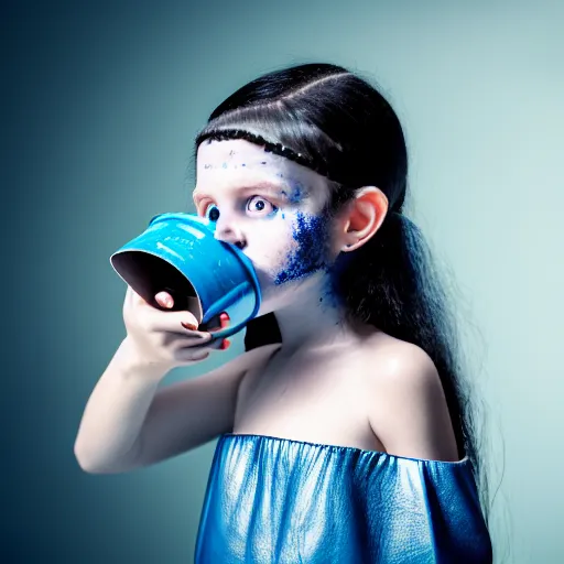 Image similar to a little blue-skinned girl with messy black hair sharp pointed ears freckles along the ridges of her cheeks in a pantry drinking from a leather flask, blue skinned dnd triton, high resolution film still, 4k, HDR colors