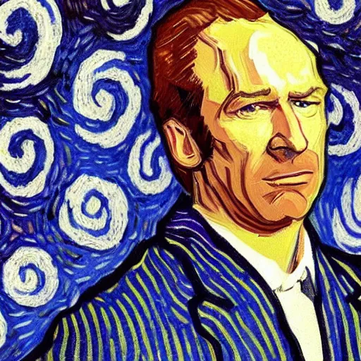 Prompt: a detailed portrait of bob odenkirk as saul goodman by van gogh