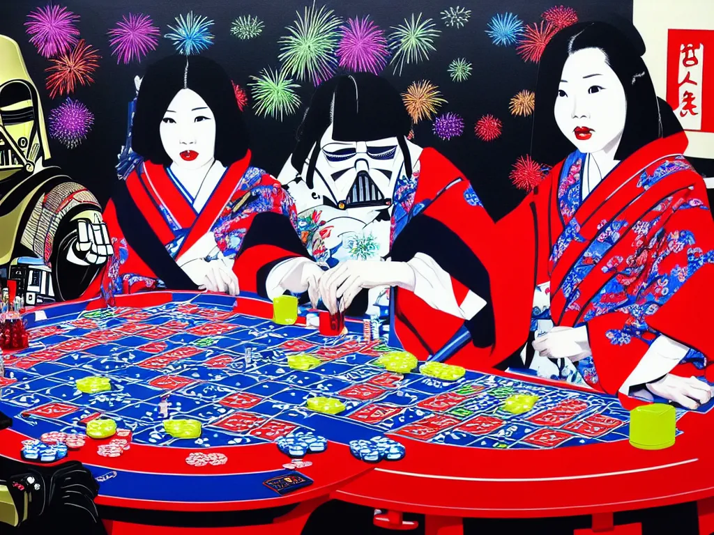 Image similar to hyperrealistic composition of the detailed woman in a japanese kimono sitting at a poker table with detailed darth vader and r 2 d 2, fireworks, mount fuji on the background, pop - art style, jacky tsai style, andy warhol style, acrylic on canvas