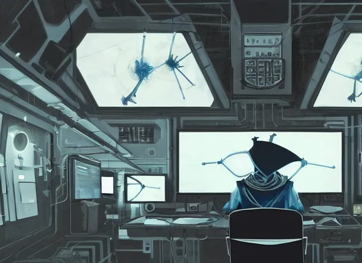 Prompt: a man sitting on a chair with things attached to his head, screens and monitors in front of him playing videos, ship interior, narrow hallway, scifi colors, dramatic lighting, dark, spotlight, surreal, by rutkowski, fuji choko, magali villeneuve